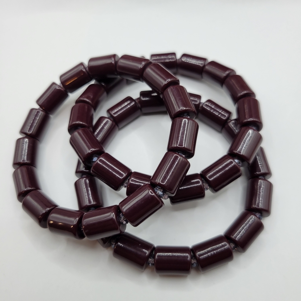 Burgundy Barrel Beaded Stretch Bracelet Set Stacking